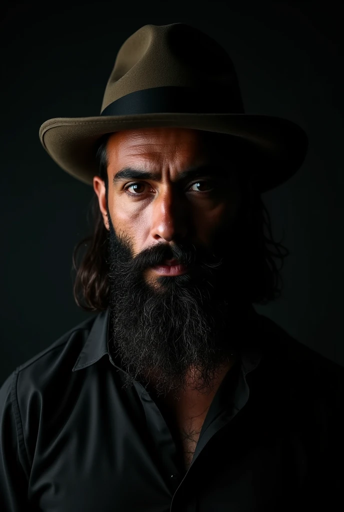 a beatiful charming latino man, (lomg beard), 37 years old, strong, wearing a fedora, silhpuette, all in black, longe hair, intricate detailed portrait, photorealistic, high resolution, studio lighting, (hyperrealistic), cinematic, dramatic lighting, moody...