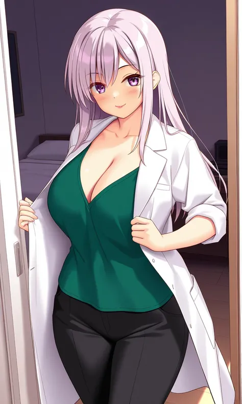 general,highres, ultra-detailed,very aesthetic,best quality ,best hands,  BREAK 1girl, Rie Sawada, purple eyes, light white purple hair, long hair, bangs, makeup, lipstick, sexy smile, big large breasts, cleavage, green shirt, black pants, open white labco...