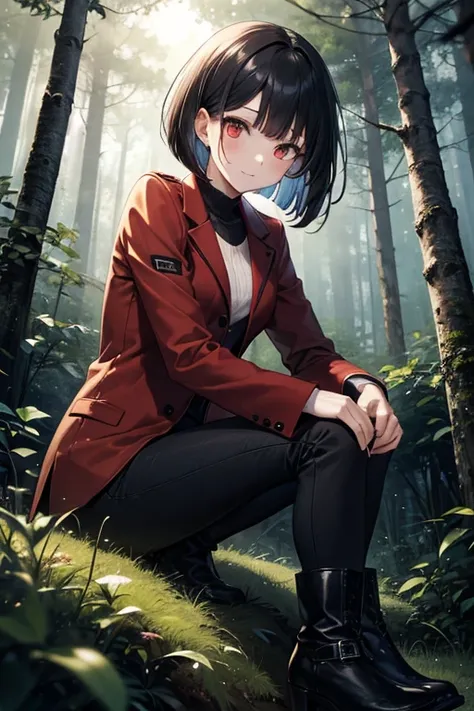 1girl, black hair in a bob cut, bright red eyes, confident expression, not smiling, brown jacket, black pants, high heel boots, in a forest at night, in the woods at night