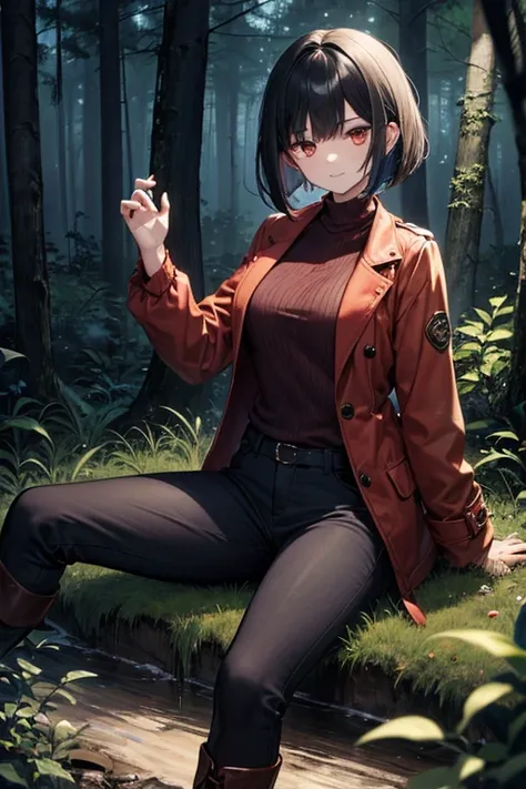 1girl, black hair in a bob cut, bright red eyes, confident expression, not smiling, brown jacket, black pants, high heel boots, in a forest at night, in the woods at night