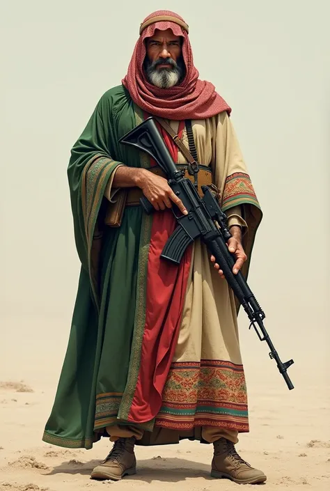 A man wears a Palestinian dress and wears an army uniform and has a gun in his hand