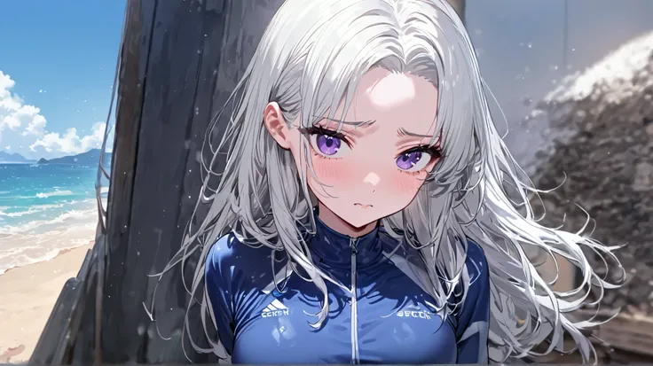  top quality,  super high resolution , 1 woman, ( cute :1.4), Purple eyes, black eyes,  white hair ,  can see the forehead, Long hair, Gentle Snow , 20 years old,  with a shy expression , ( Rash Guard:1.4), seashore, bitch,  cute 눈, One side of the hair be...