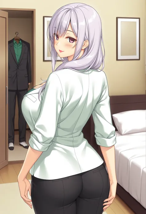 1girl, Rie Sawada, purple eyes, light white purple hair, long hair, bangs, makeup, lipstick, sexy smile, big large breasts, cleavage, green shirt, black pants, open white labcoat, sleeves rolled up, cowboy shot, bedroom, from back, Look back over one shoul...