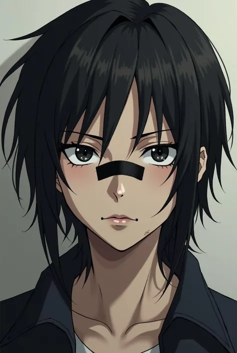 An image of a boy with black eyes and masculine in anime format with shoulder-length and black hair and with a black band-aid on his nose and whose facial expression is cold and thirsty for revenge