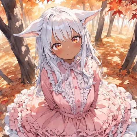 from {above|below|side|behind}, (watercolor), pastel color, close up face, extremely beautiful cute girl, tan skin, white hair, sad smile, pink frilly dress, too many frills, frilly long sleeves, elf ears, autumn lakeside, autumn forest, autumn leaves, war...