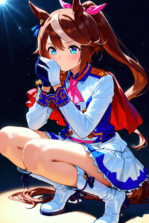 tokai teio (umamusume),
hair ribbon, pink ribbon, single epaulette, pink ascot, red capelet, long sleeves, asymmetrical gloves, mismatched gloves, white glove, blue glove, multicolored clothes, two-tone jacket, white jacket, blue jacket, shirt, buttons, do...