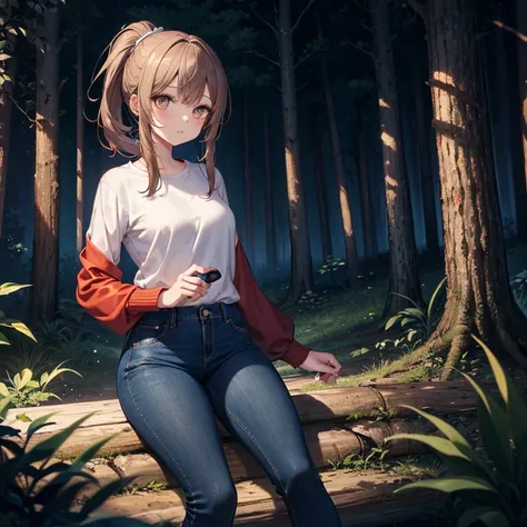 1girl, brown ponytail, amber eyes, white shirt with red sleeves, blue jeans, in the woods at night, forest during night time, holding a flashlight