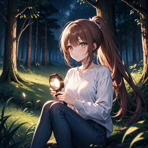 1girl, brown ponytail, amber eyes, white shirt with red sleeves, blue jeans, in the woods at night, forest during night time, holding a flashlight