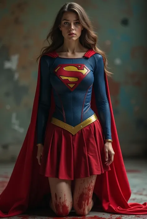 live-action、 a man and a picture of a supergirl with a mans stab  ,  Her chest is slashed with a sword  ,  Expression of deep pain   ,  dramatic, dramatic tragedy  ,    blood is spewing out of the wound    ,  slashed in the chest and died  , Slashed in the...