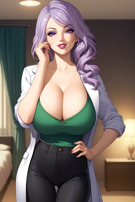 1girl, Rie Sawada, purple eyes, light white purple hair, long hair, bangs, makeup, lipstick, sexy smile, big large breasts, cleavage, green shirt, black pants, open white labcoat, sleeves rolled up, cowboy shot, bedroom, highlighting your curves, thighs, l...