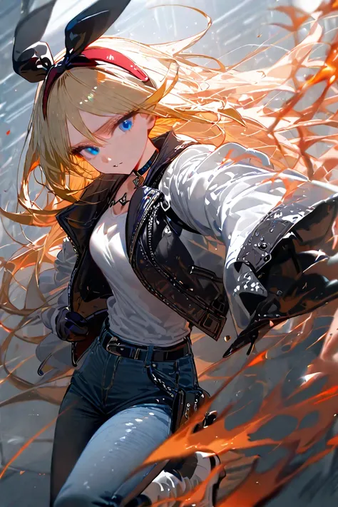 1girl, pants, solo, gloves, blonde_hair, blue_eyes, long_hair, jacket, denim, jeans, black_gloves, belt, hairband, open_jacket, red_hairband, white_jacket, shirt, fire, black_shirt, open_clothes, looking_at_viewer, breasts, choker, clenched_hands, high_hee...