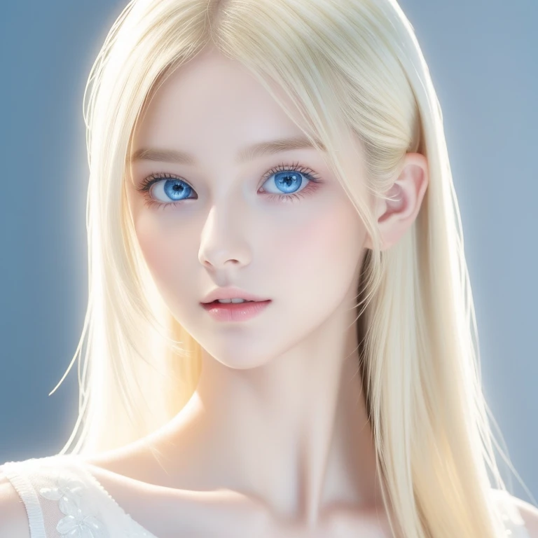 Very white and beautiful beautiful blonde girl 、 A beautiful girl with super long blond hair and bright ice blue eyes is taking pictures,  Gorgeous First 々A young teenage model with a pretty young face ,  portrait of Sophie Mudd , Beautiful girl model,  cu...