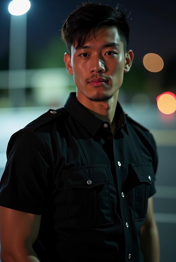 Asian male police officer in their 20s pose, Wear a black shirt, High-res, masterpiece, best qualtiy, Head:1.3,((Hasselblad photograp)), Fine fine skin, Clear focus, (Cinematic lighting), during night, Gentle lighting, dynamic angle, [:(Detailed face:1.2):...