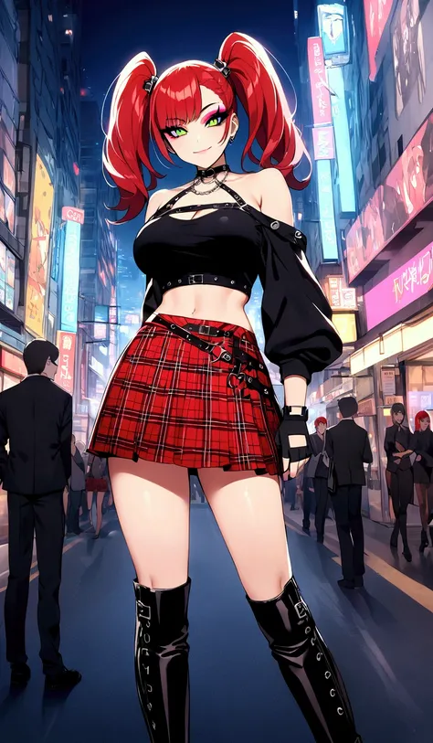 Women,  arrogant smile,  curly red hair in pigtails,  green eyes, eyeshadow,  wearing black shirt cropped top ,  mens formal wear ,  red plaid skirt , ( knee-length black boots ),  black fingerless gloves,  bare shoulders ,  big breasts, parts, neckline, [...