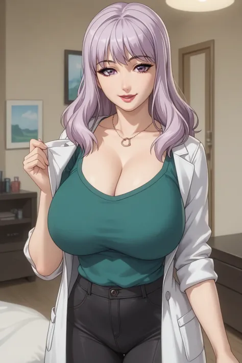 1girl, Rie Sawada, purple eyes, light white purple hair, long hair, bangs, makeup, lipstick, sexy smile, huge breasts, cleavage, green shirt, black pants, open white labcoat, sleeves rolled up, cowboy shot, bedroom, highlighting your curves, thighs, lookin...