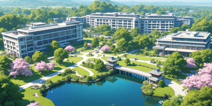 A luxury modern college, college dorm, college building, japanese, tree, park, lake, view from above