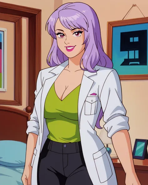 score_9, score_8_up, score_7_up, zPDXL, 1girl, Rie Sawada, purple eyes, light white purple hair, long hair, bangs, makeup, lipstick, sexy smile, big large breasts, cleavage, green shirt, black pants, open white labcoat, sleeves rolled up, cowboy shot, bedr...