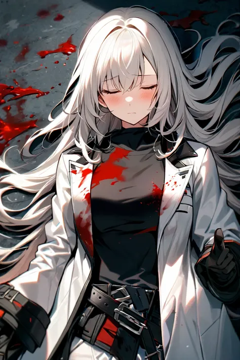 1girl, white_hair, solo, gloves, long_hair, closed_eyes, black_gloves, shirt, black_shirt, belt, breasts, blood, long_sleeves, blood_on_clothes, closed_mouth, bangs, pants, open_clothes, white_coat, on_back, lying, white_pants, jacket, coat, medium_breasts...