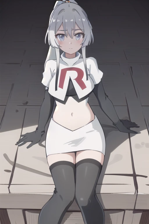 1girl, masterpiece, best quality, best quality, (Intricate detailed:1.2), light gray hair, light gray eyes, dual long ponytail, team rocket,team rocket uniform,white skirt,red letter R,crop top,black thigh-highs,black elbow gloves