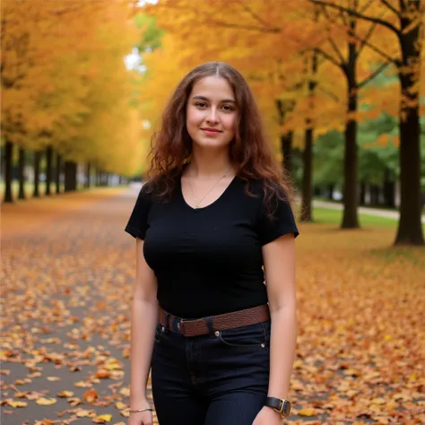 A serene autumn scene featuring a young woman standing confidently on a tree-lined path covered in fallen leaves. She has long, wavy hair and wears a simple black t-shirt paired with dark jeans, accentuated by a brown belt. The background showcases soft, d...