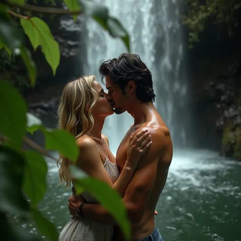  In the foreground vegetation of a forest with large leaves ,  behind the leaves in the background two lovers embracing each other in a kiss in a water well under a waterfall water pouring down on them,   the girl haired blonde hazelnut The middle aged man...