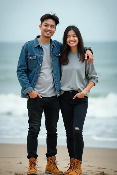 Picture of a 30 year old Asian male, wearing a grey t-shirt and blue jeans jacket, wearing black jeans and brown Caterpillar shoes. With a young Asian female, . Standing side by side with the beach background but blurred 