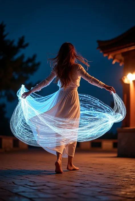  a beautiful female dancer spins outside at night with long exposure lighting that paints their movements.6,Intricate Details ,masterpiece ,rich colors , motion effects 