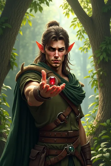 A adventurer half elf man holding up his hand with a ring that has a large red ruby on it