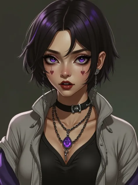  Eduarda is a girl with short hair ,  straight and dark with purple highlights and black eyes ,  in addition to two hearts drawn below the eyes and a lot of makeup in dark tones .  She wore a loose gray shirt with large purple sleeves and purple jeans with...