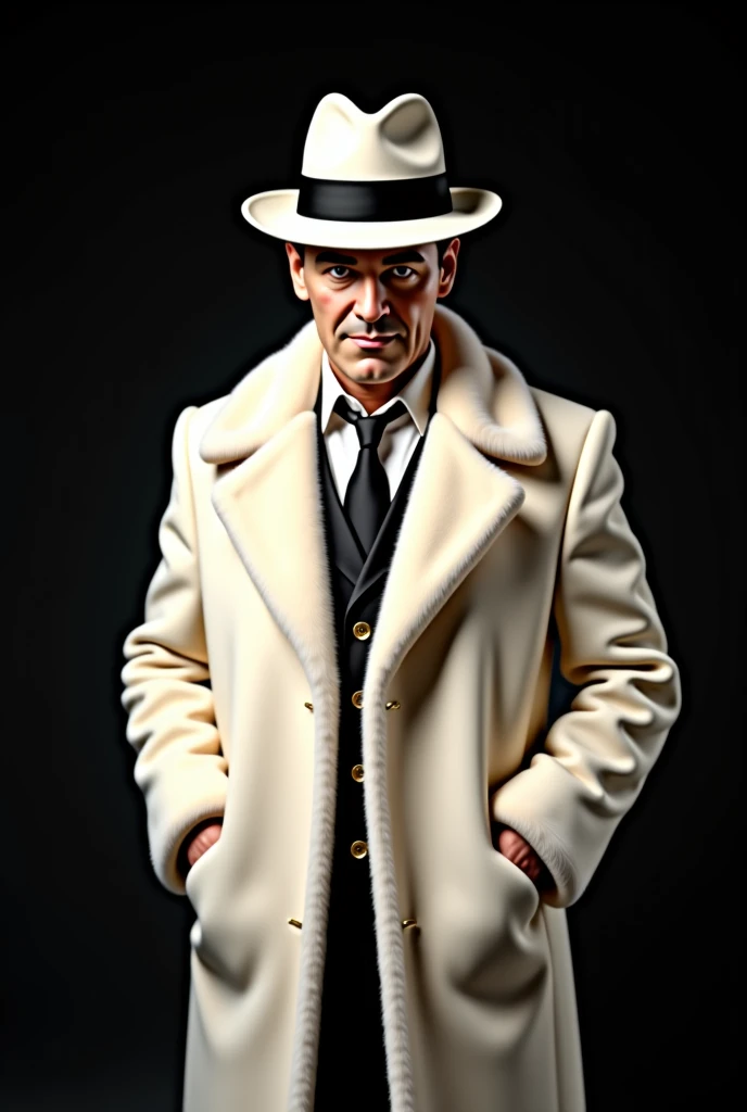 Al Capone looking at the camera with a cocky smile while wearing a luxurious white fur coat and a white fedora with a black band ,solid black background , photorealistic 8k cinematic