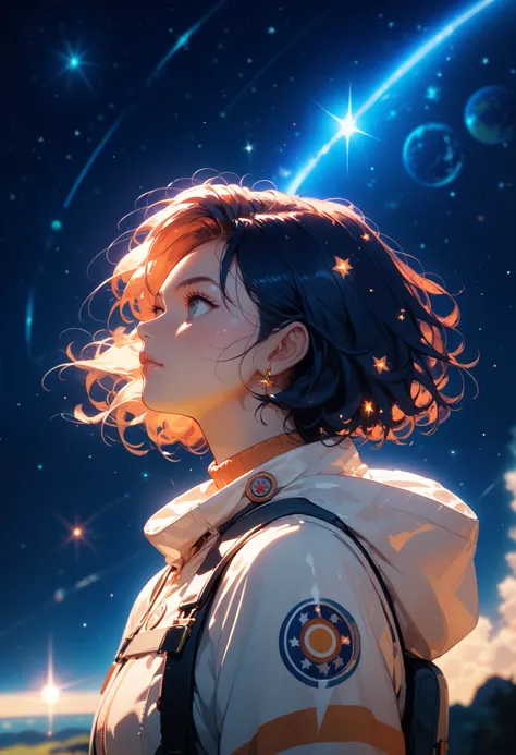 1girl, solo, space traveler, from afar, space suit, epic pose, starry night, glowing atmosphere, cosmic theme, (blurry background), depth of field, masterpiece, best quality, good quality, newest, ultra quality, high detailed