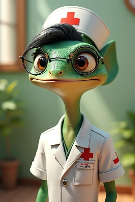 Rango the Disney chameleon with short black hair styled, glasses, nurse uniform  