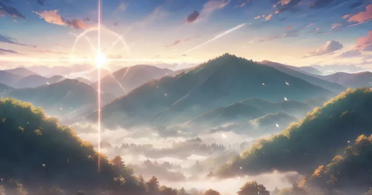  sunrise　nature　green　 Fantastic　 no people　 scenery in the morning only　Anime anime keyvisual, wide shot, no humans,