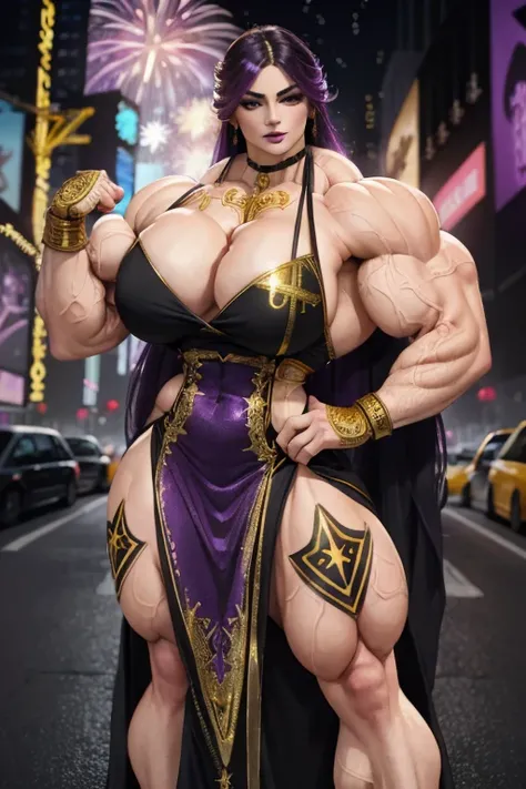 ((Close-up)), tall, (violet purple hair), beautiful muscular woman, long hair with long bang, white skinned, large breast, (black lipstick), smirking, (massive muscles), (hyper muscle), (ginormous bulky muscles), black eyes, ((((very long beautiful New Yea...