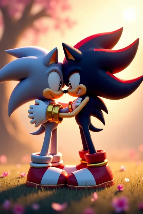 Make two characters from the Sonic The Hedgehog universe, Silver the Hedgehog e Shadow the Hedgehog se abraçando como um casal, fofo.