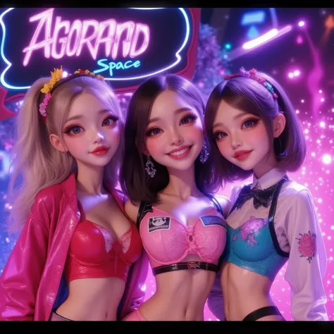 Stunning 3D animation Caricature of Three k pop girls with trendy hairstyles and bold makeup fit and full shapely female figure, holding a sign that says "Live Algorand Space" beautiful visual effects, Dynamic lighting, Cinematic, Beautiful visual effects,...