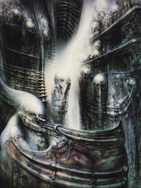 g1g3r, Giger_style, The image is a detailed view of H.R. Gigers " Li II " plate, featuring a complex network of bones and organs in a purple-brown hue ,swirling gray and brown colorsgroup of three alien figures positioned in the foreground.  Emaciated and ...