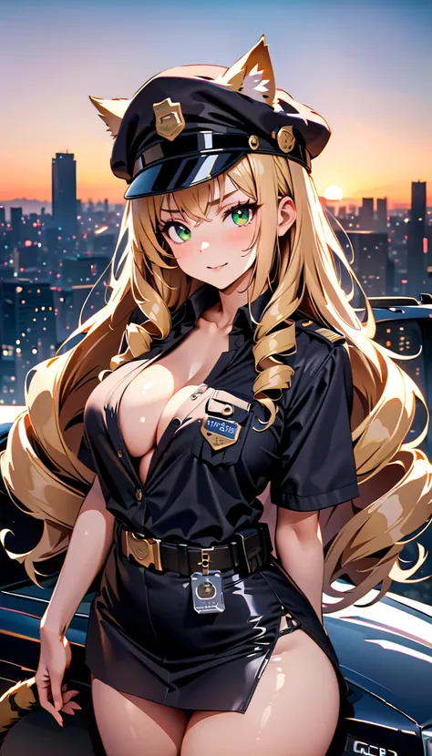 high quality, 8k, 4k, high contrast, masterpiece:1.2, best quality, best aesthetics), Sexy female police officer, Detailed face and body, (green eyes, animal ears, tiger tail), Beautiful breasts, confident look, (blonde hair, long hair, drill hair), Shiny ...