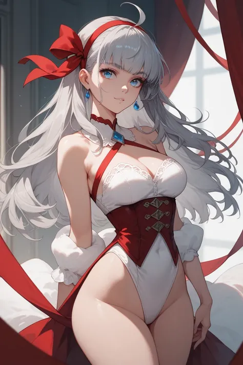 A sexy anime illustration by Alisa Mikhailovna Kujo,  long hair , fringe,  blue eyes,  hair bands, ahoge,  gray hair ,  Red Ribbon , medium breasts ( Normal  ),  big ass,  thin waist and wide hips 