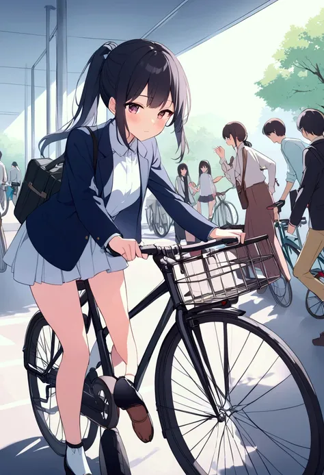  high school girl、bicycle、 、 black hair、 Ponytail、 Japanese、 cute,Commuting