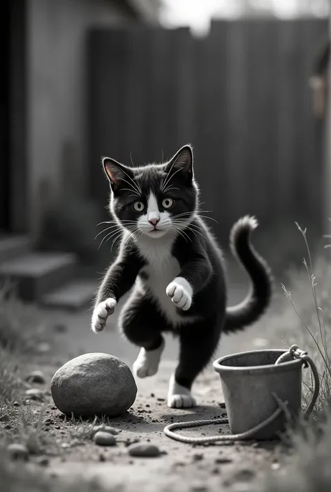 create an image of a black and white cat kicking a rock and dragging a bucket tied to a rope