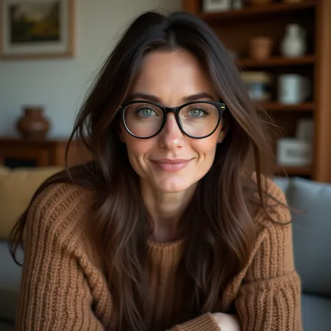 A photo of a beautiful 36 years old woman, brunette hair, blue eyes, looking wise, wearing glasses,in a cozy brown sweater , pose casual, background a cozy livingroom