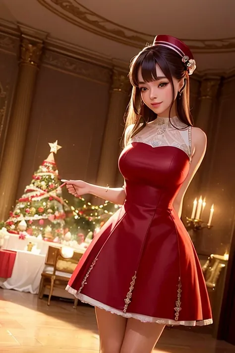 (((medium full shot))), (best quality, ultra-detailed:1.3), (nice hands, perfect hands), official art, cinematic light, (1girl:1.3), adulthot girl, a woman with breathtaking beauty wearing a bright red dress that highlights her slender figure. The dress fe...