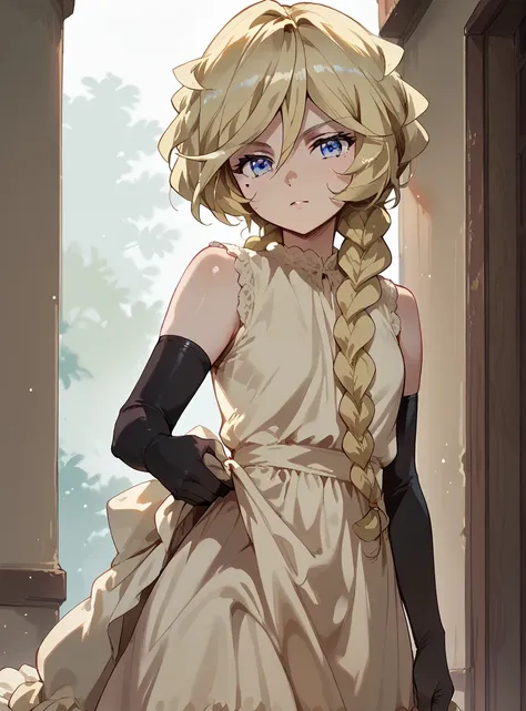 carolcasual, blonde hair, braid, mole, blue eyes, shiny hair, braided ponytail ,elbow gloves, sleeveless, dress,In the middle of undressing