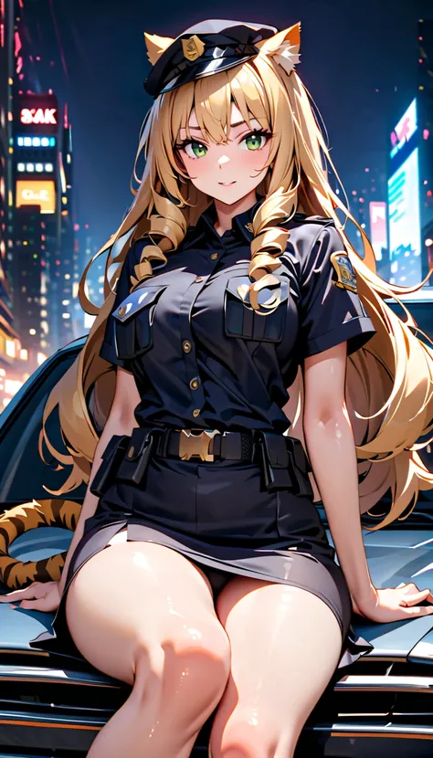 high quality, 8k, 4k, high contrast, masterpiece:1.2, best quality, best aesthetics), Sexy female police officer, Detailed face and body, (green eyes, animal ears, tiger tail), Beautiful breasts, confident look, (blonde hair, long hair, drill hair), Shiny ...