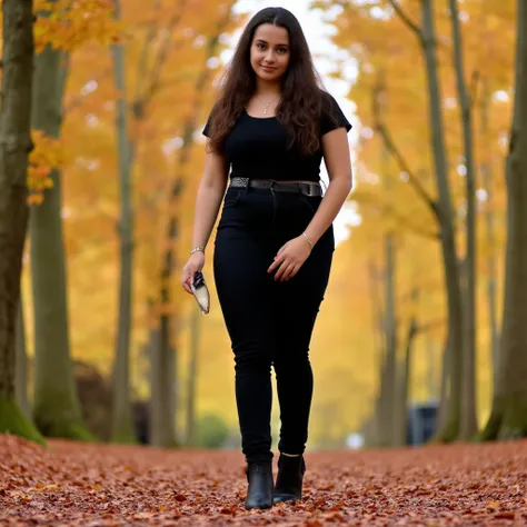 A serene autumn scene featuring a buxom petite young woman standing confidently on a tree-lined path covered in fallen leaves. She has long, wavy hair and wears a simple black t-shirt paired with dark tight fitting jeans, accentuated by a metallic belt. Th...