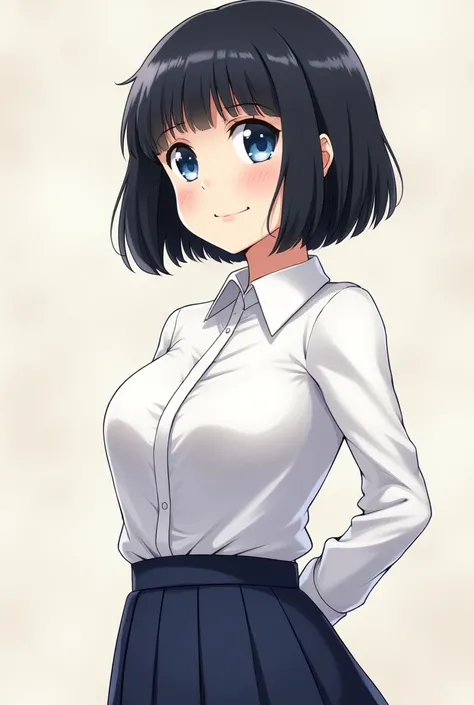 Bob cut, short black hair, blue eyed, big boobs, anime girl in a seifuku uniform