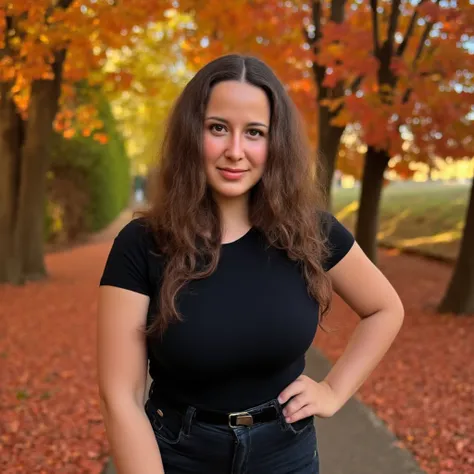 A serene autumn scene featuring a buxom petite young woman  with long, wavy brown hair cascading over her shoulders. She has a gentle smile and warm, inviting hazel eyes that reflect the soft light around her. Standing confidently on a tree-lined path cove...