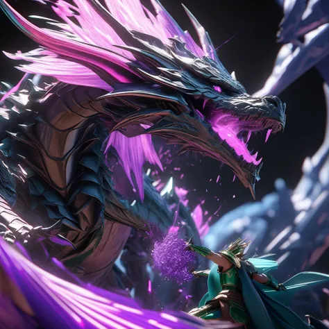 Create an amazing super dragon with force, magic, beauty and aquamarine green armor with striking eyes, throwing purple fire while fighting other dragons, reality 8k ultra-realism, 3D definition, lighting, brightness and perfect contrast, high qualities, h...