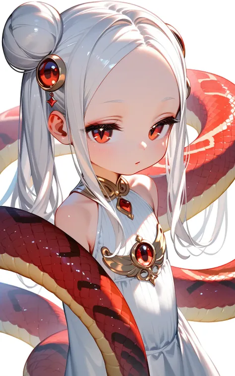 masterpiece,best quality,ultra-detailed,super detailed skin,perfect anatomy,detailed,beautiful detailed eyes,long hair,forehead,straight hair,hair white hair,eyes red eyes,(loli:1.2),petite,flat chests,half-closed eyes, jitome
snake_girl, simple background...